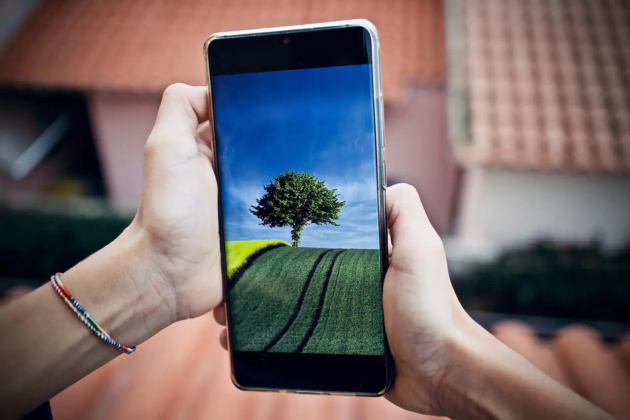 Two hands hold a bezel-less smartphone displaying a lone tree in a green field under blue sky