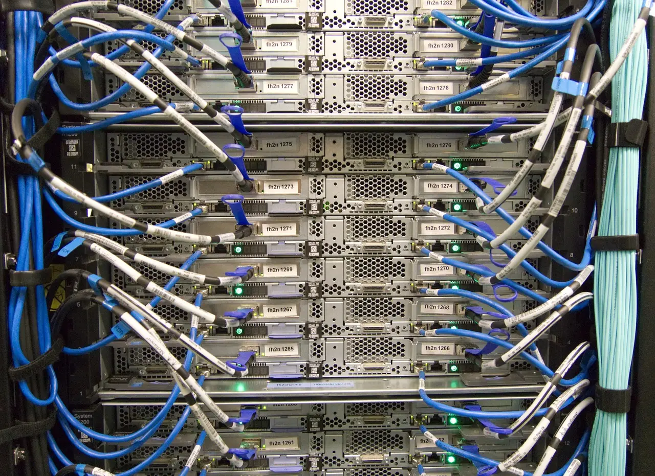 Front of a server rack with labeled blade servers and bundles of blue and white network cables