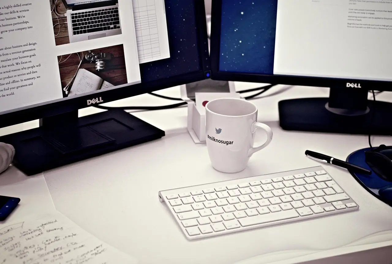 workstation, home office, computer, coffee mug