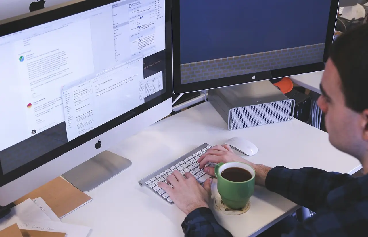 typing, computer, man, workspace