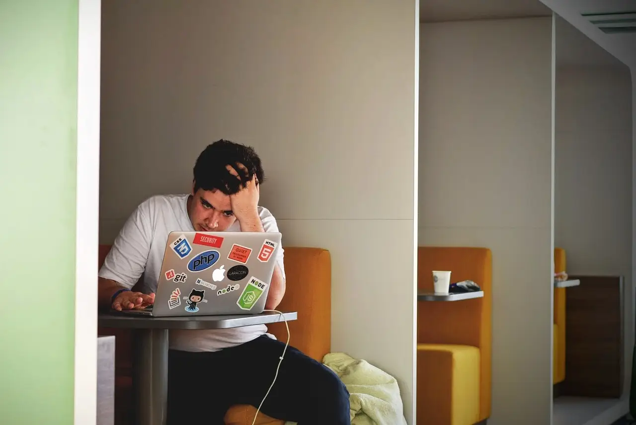 man, boy, laptop, cafe
