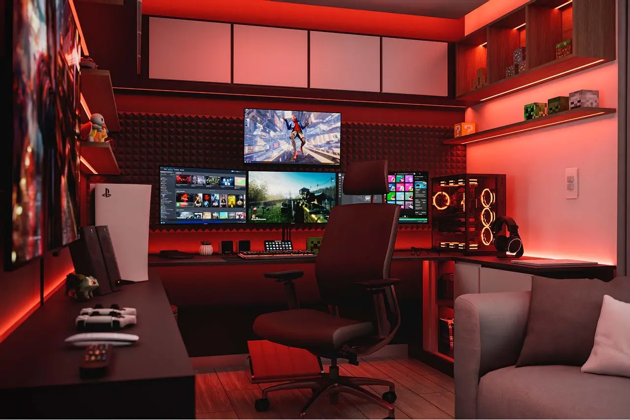 A close-up of desktop speakers and a keyboard with a Windows 11 desktop glowing on the monitor behind them.