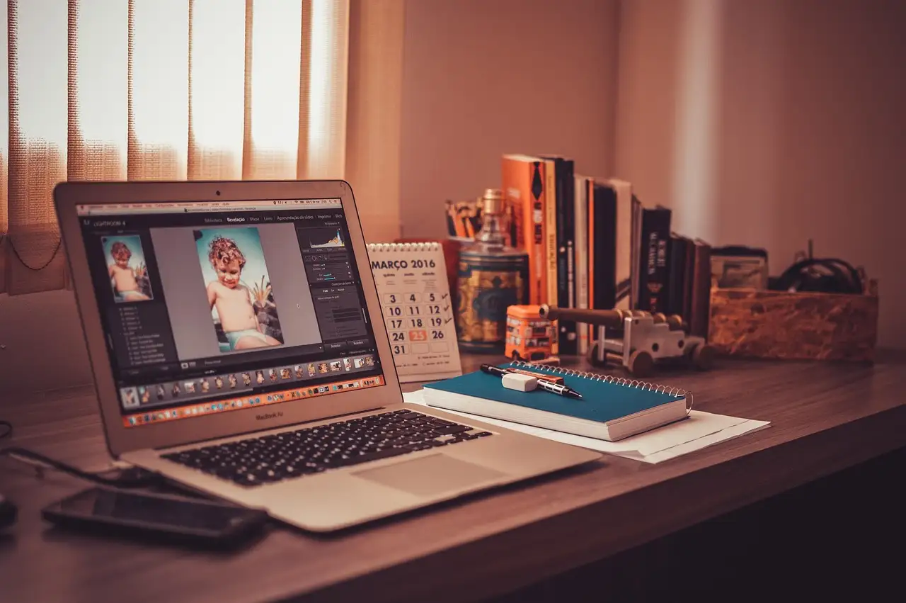 desk, laptop, office, notebook