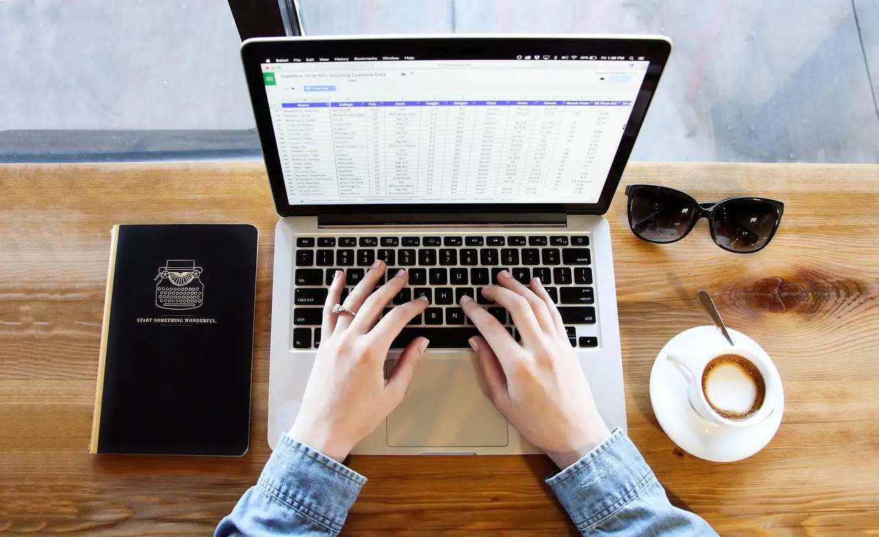 notebook, typing, coffee, computer