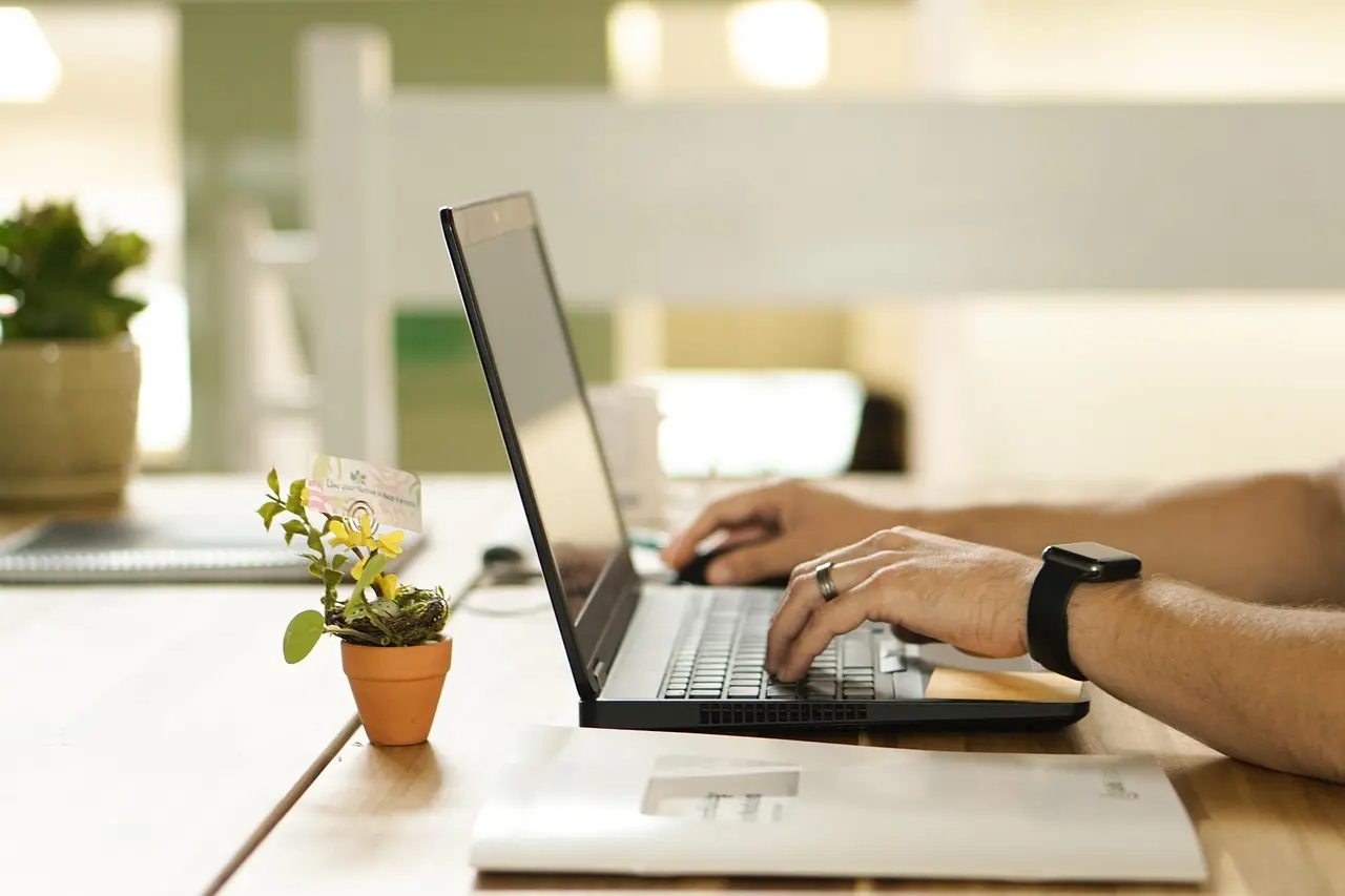 Hands typing on a laptop at a desk with a small potted plant and papers nearby