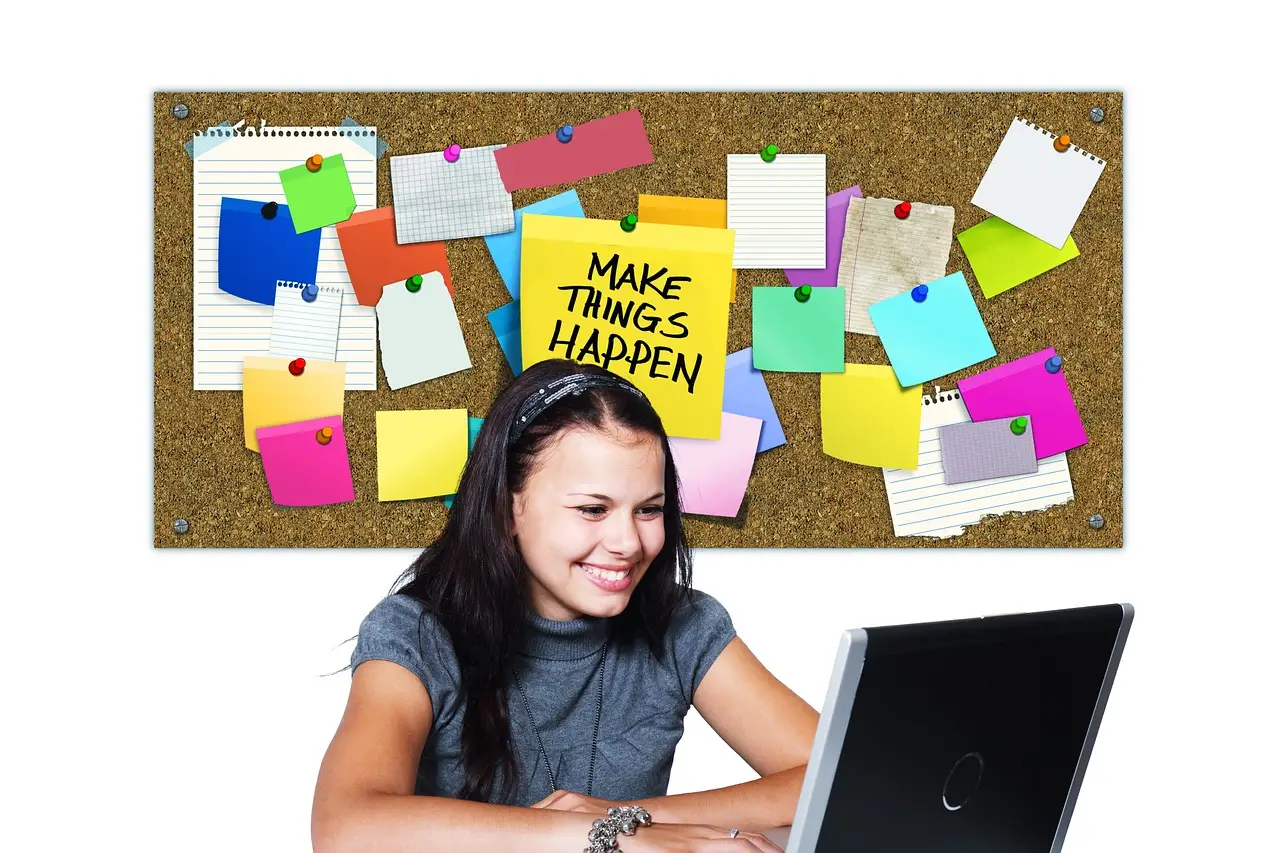 girl, working, sticky notes, bulletin board