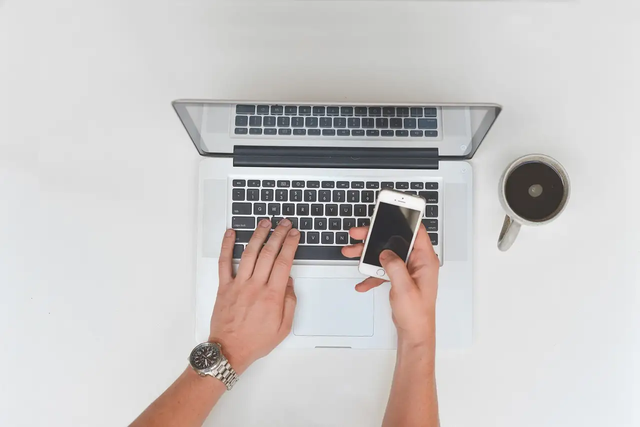 desk, computer, laptop, cup