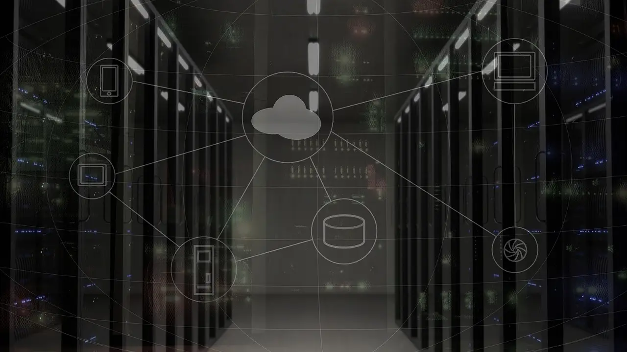Dark data center aisle lined with server racks, overlaid with a cloud icon linked to device icons