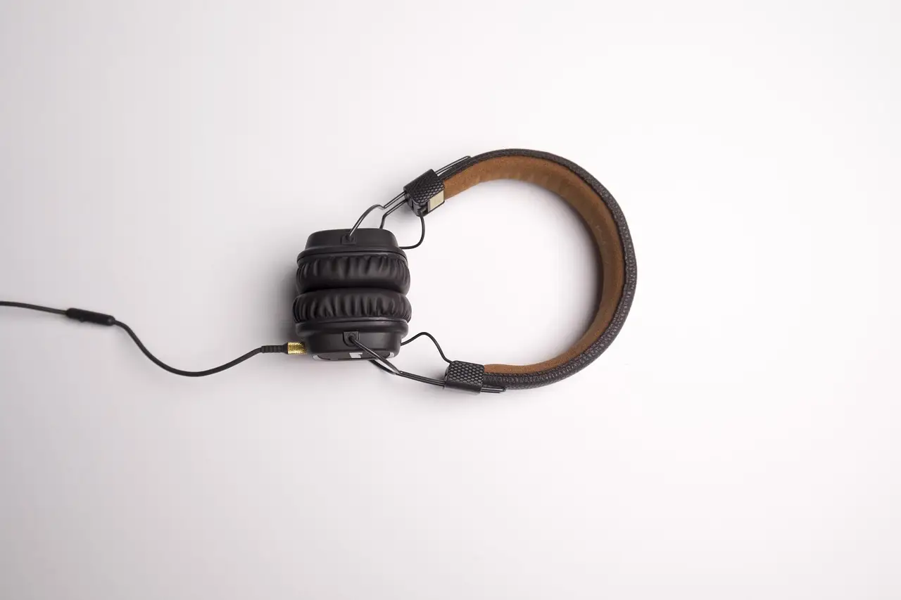 Headphones and a phone playing music.