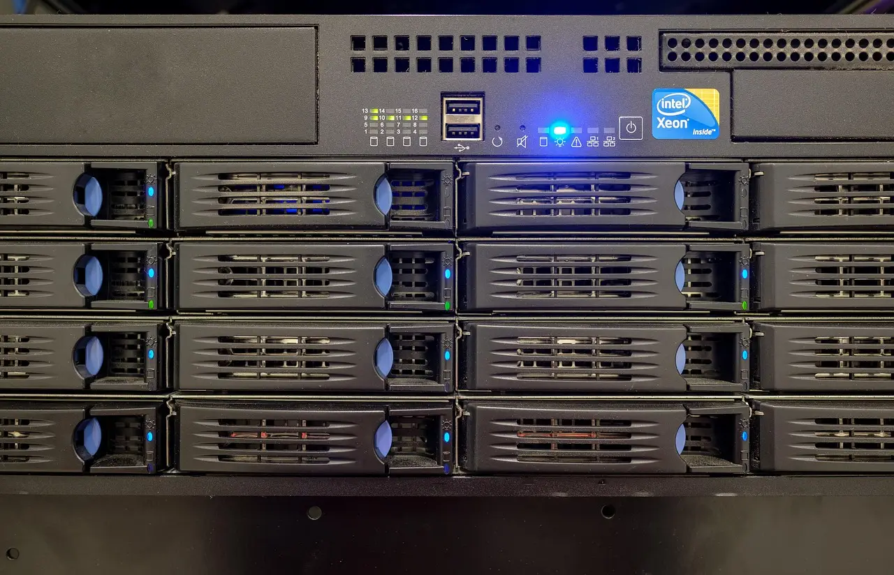 Front of a rack-mounted server with rows of hard drive bays and glowing blue indicator lights